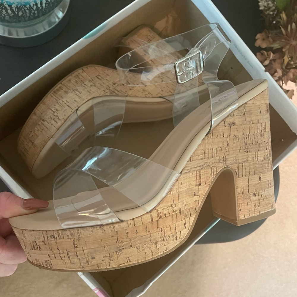 Clear ankle strap cork platform heels